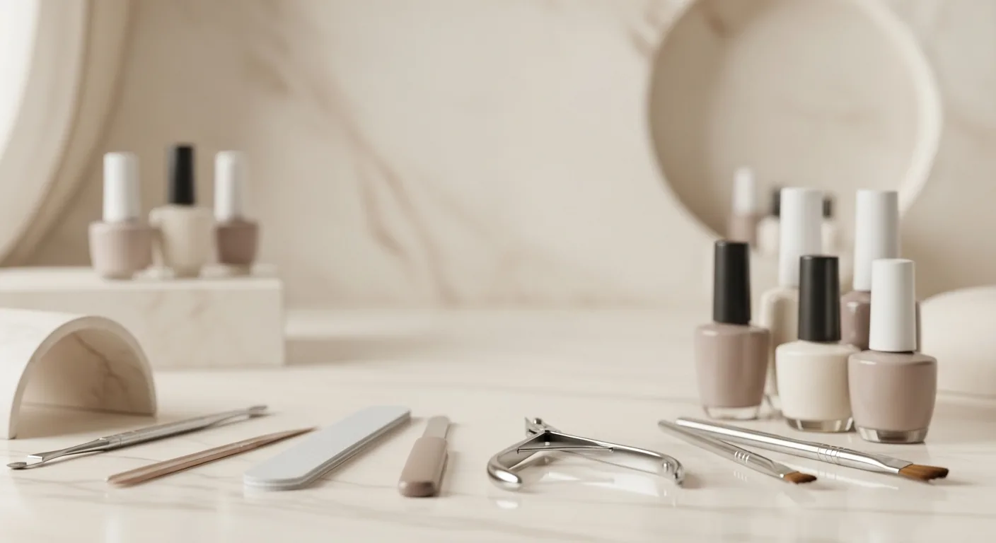 Nail care tools and neutral polish in a bright salon setting