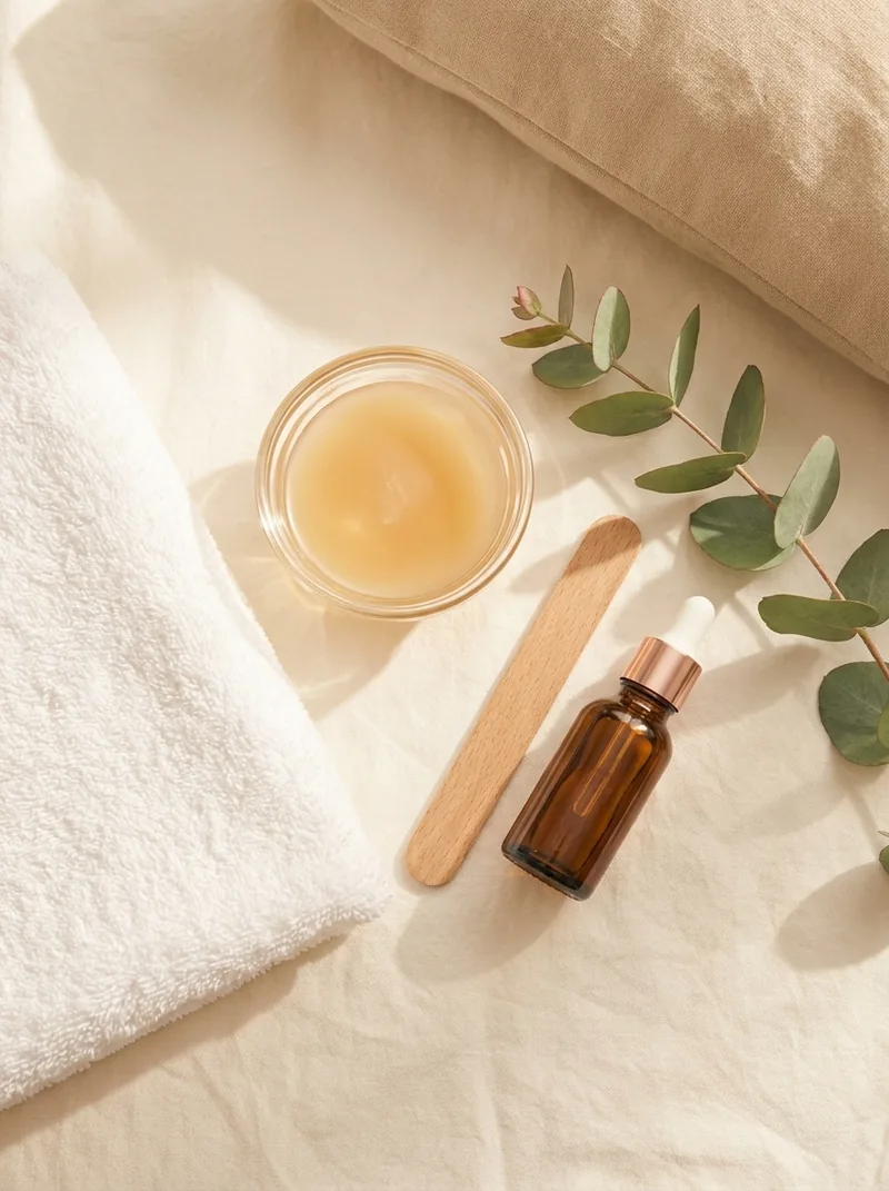 Towels, oil and spa products in warm tones